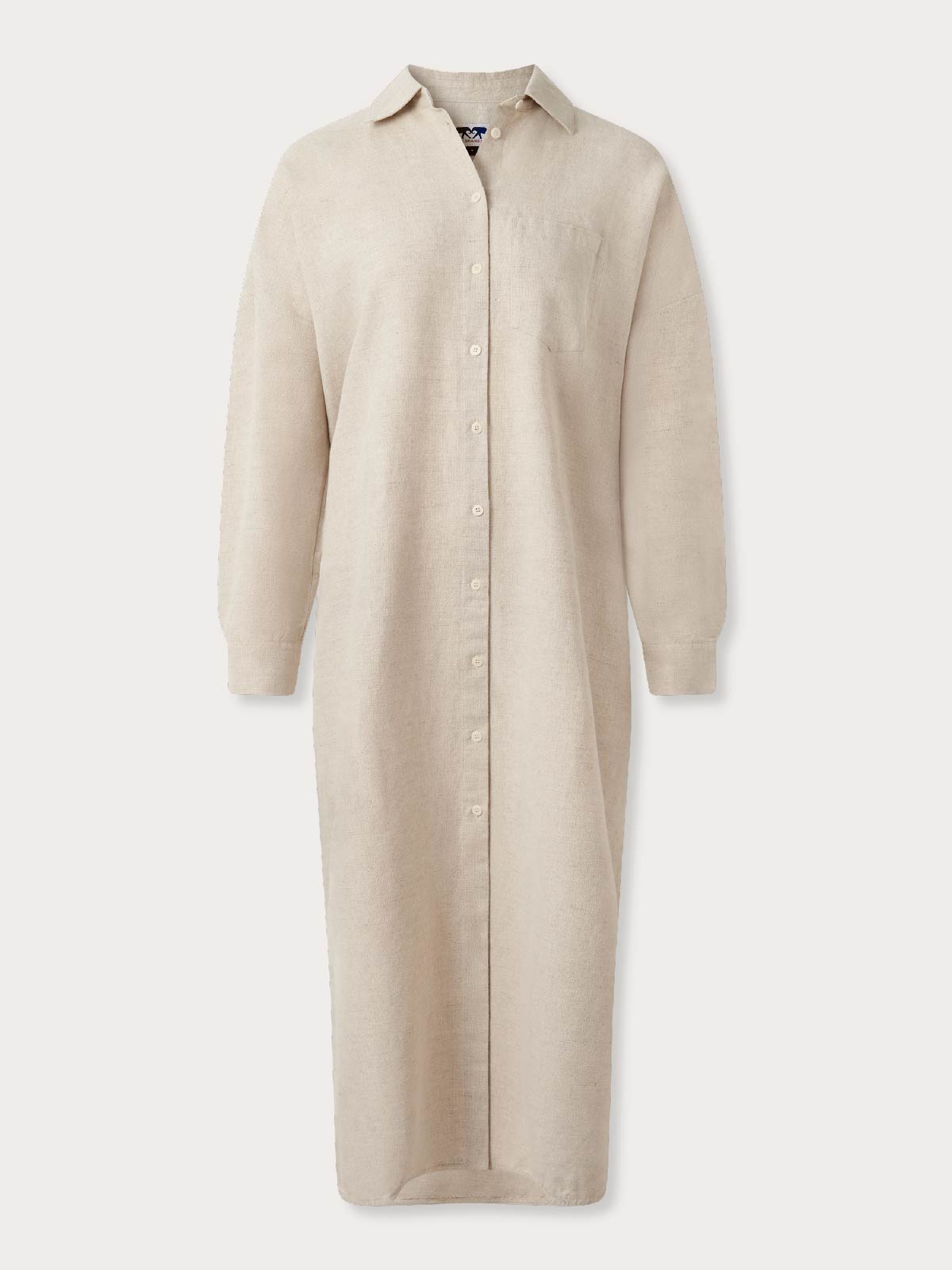 Beige shirt dress with front left breast pocket on a white background.