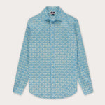 Men's Elephant Dance Blue Abaco Linen Shirt featuring a pale blue elephant print, crafted from 100% premium linen.