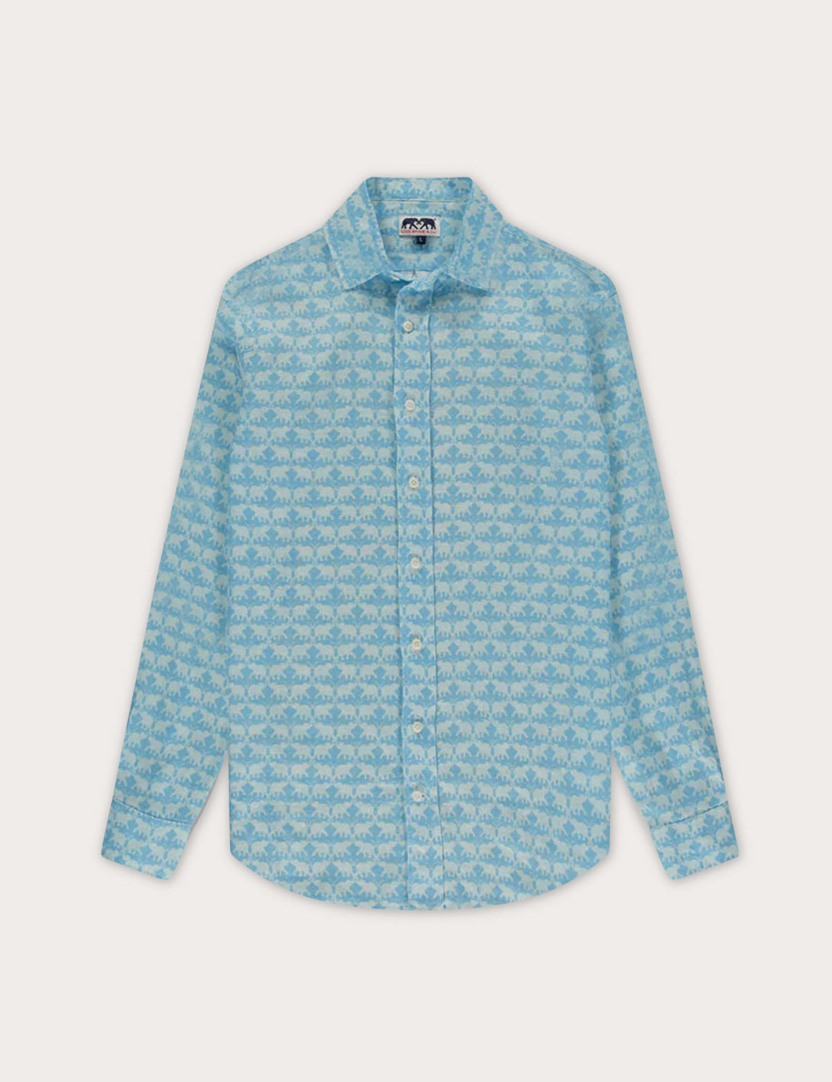 Men's Elephant Dance Blue Abaco Linen Shirt featuring a pale blue elephant print, crafted from 100% premium linen.