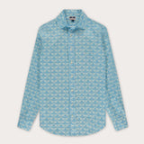 Men's Elephant Dance Blue Abaco Linen Shirt featuring a pale blue elephant print, crafted from 100% premium linen.