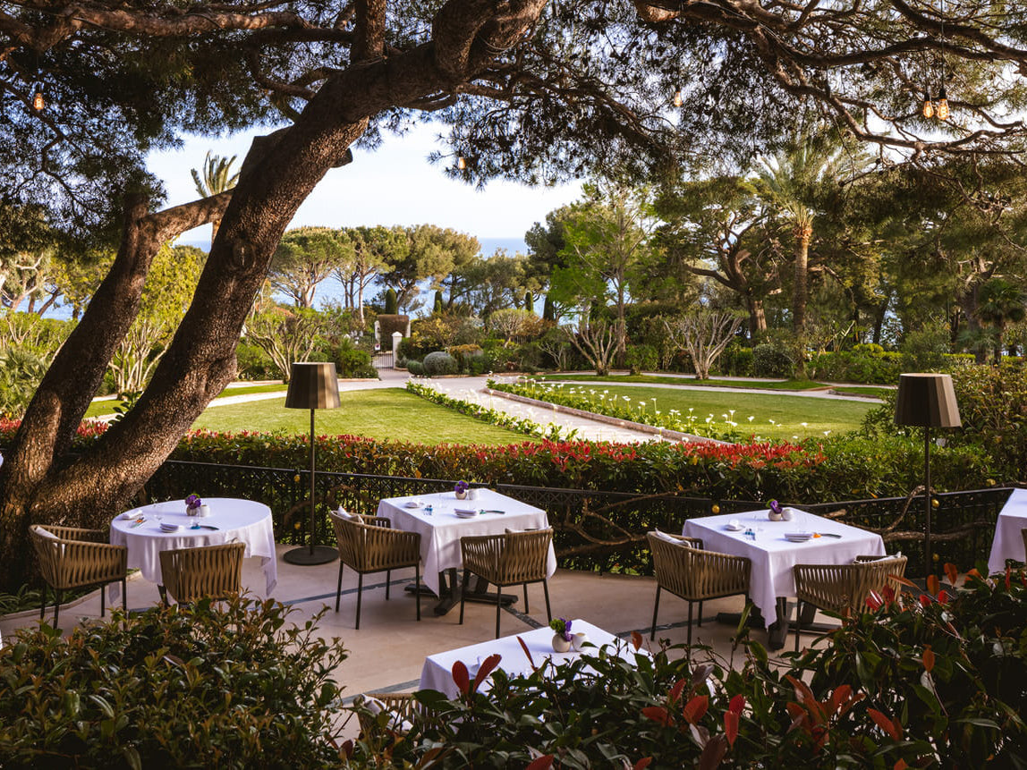 Outdoor dining setup with tables and chairs under trees in a garden setting