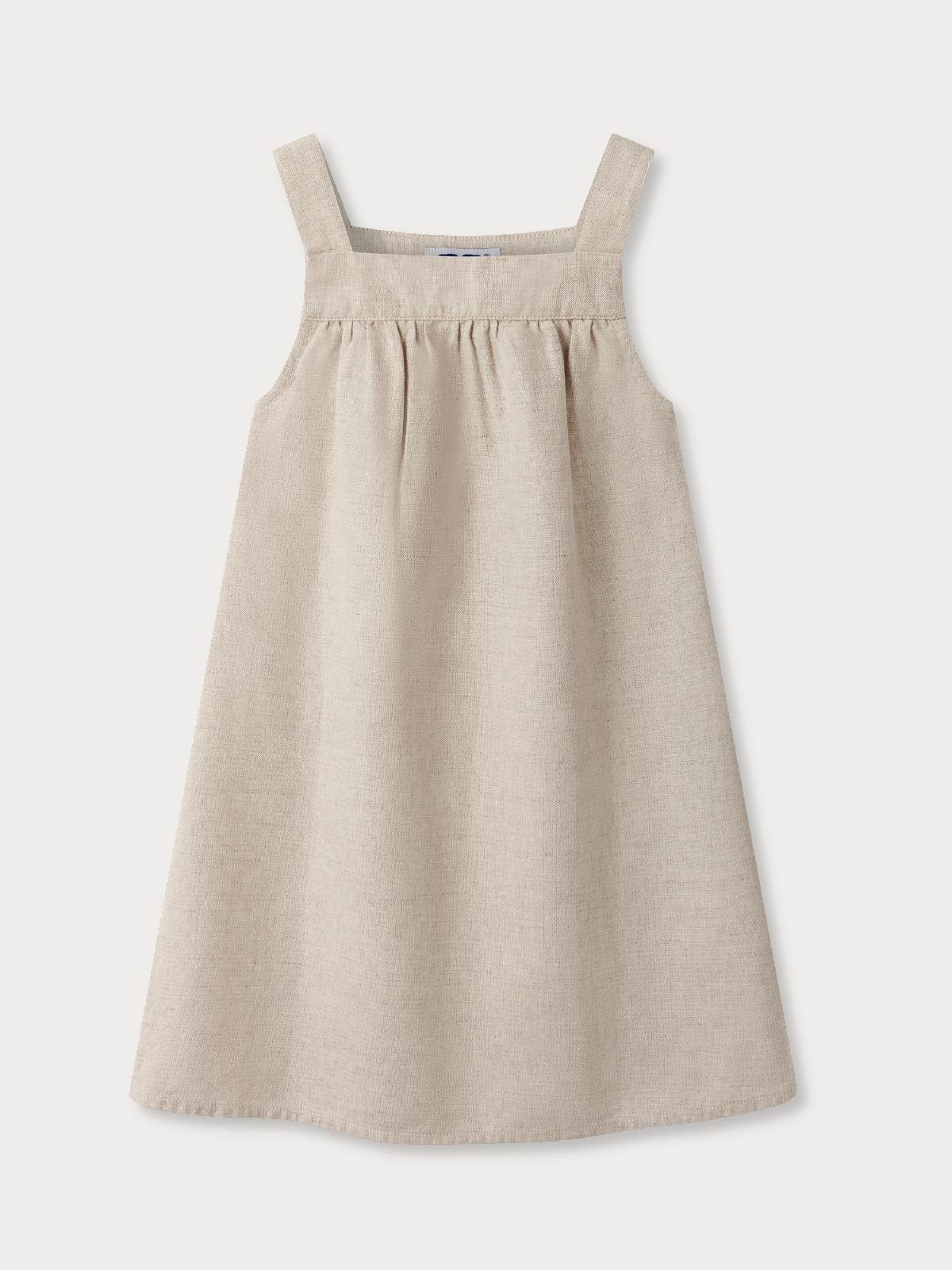 Front view of girls ecru linen dress.