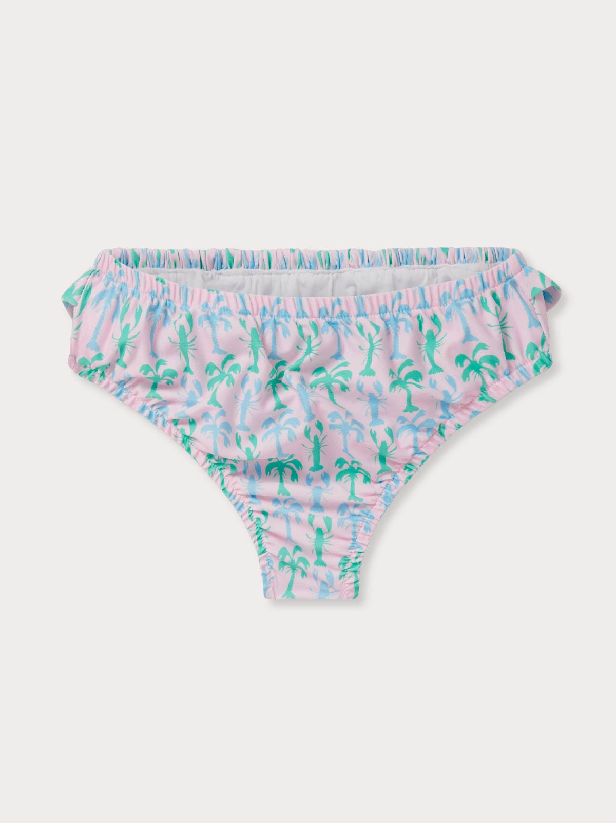 Multicolored bikini bottom with lobster and palm tree pattern.