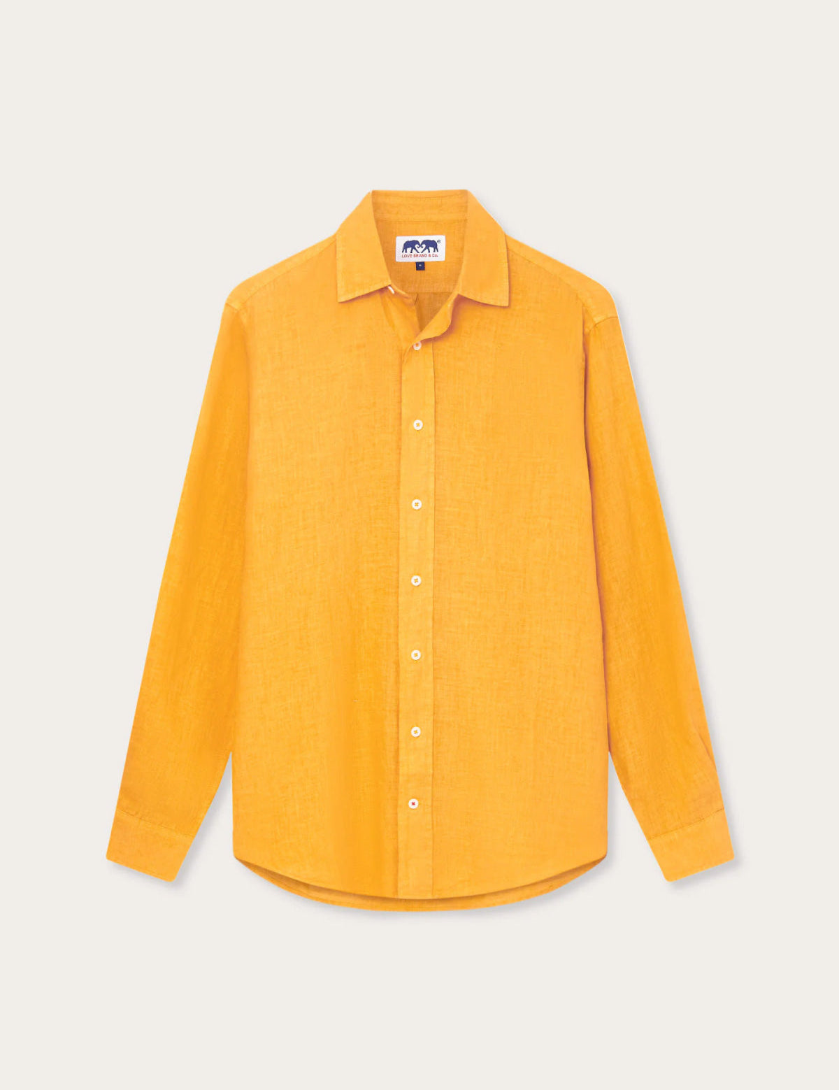 Men's Golden Hour Abaco Linen Shirt in vibrant golden hue, long-sleeved with a classic collar and button-down front, made from breathable linen fabric for comfort and style.