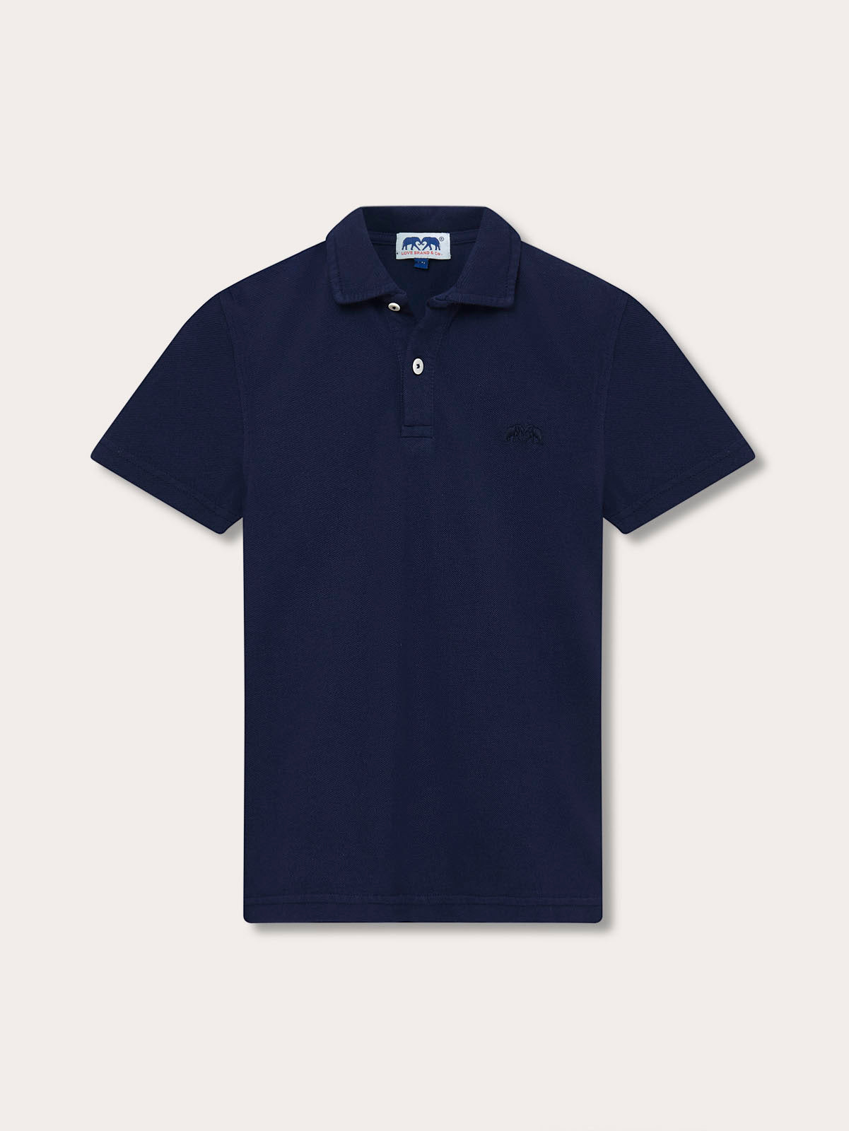 Navy blue polo shirt on a light grey background