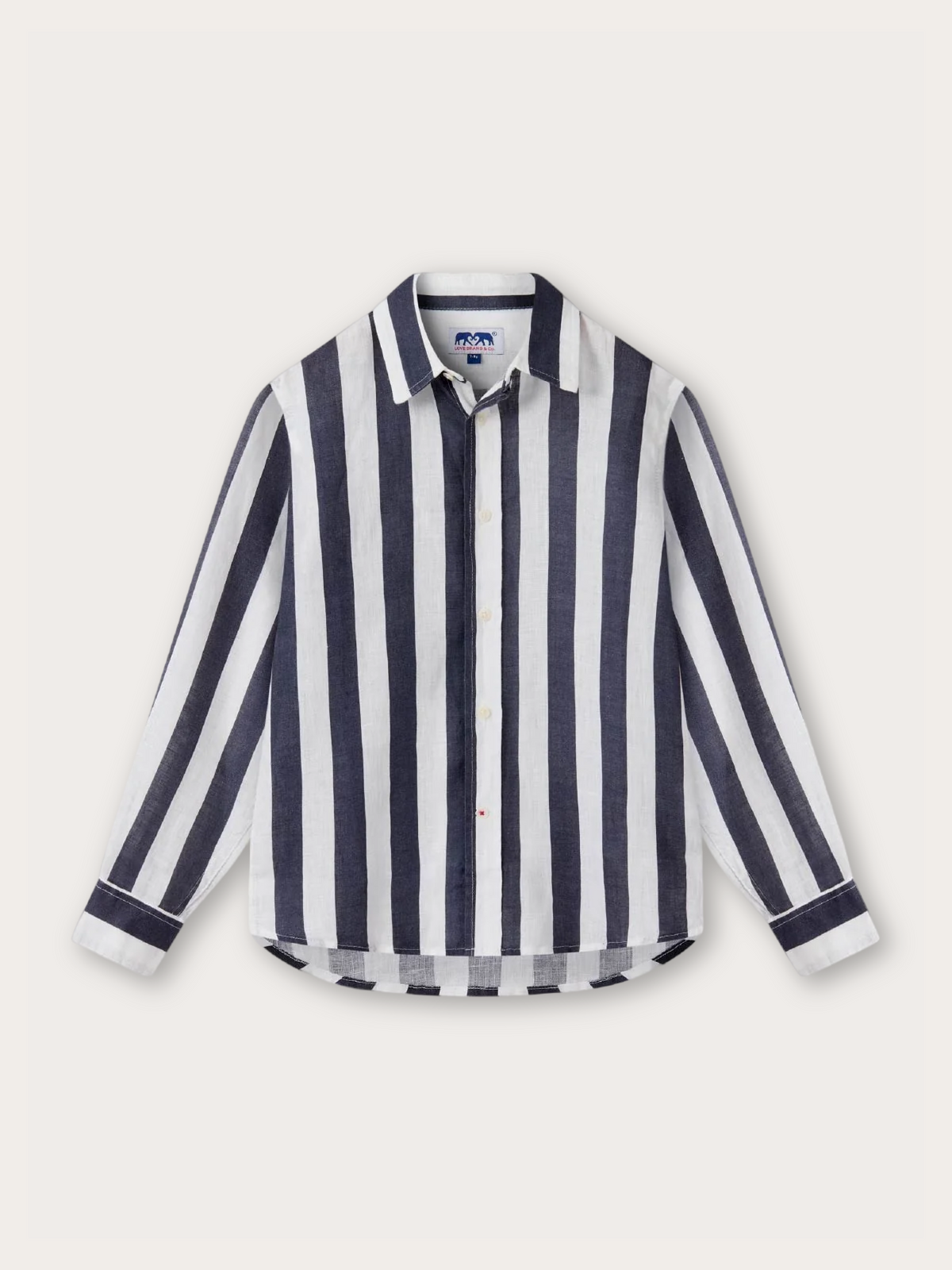 A long-sleeve button-up shirt with vertical navy and white stripes, featuring a pointed collar and buttoned front, laid flat against a light off-white background.