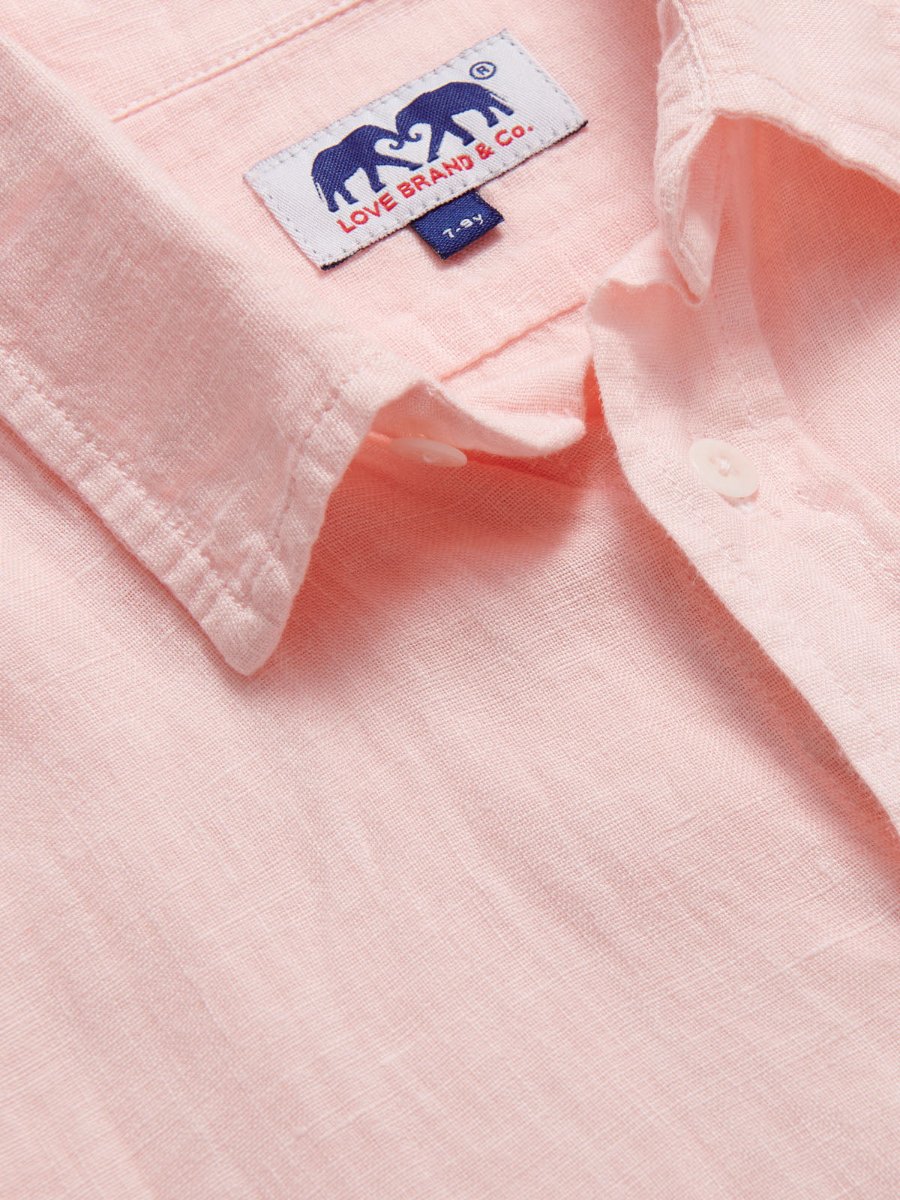 Detailed view of Kids Pastel Pink Abaco Linen Shirt. Plain pink linen shirt.