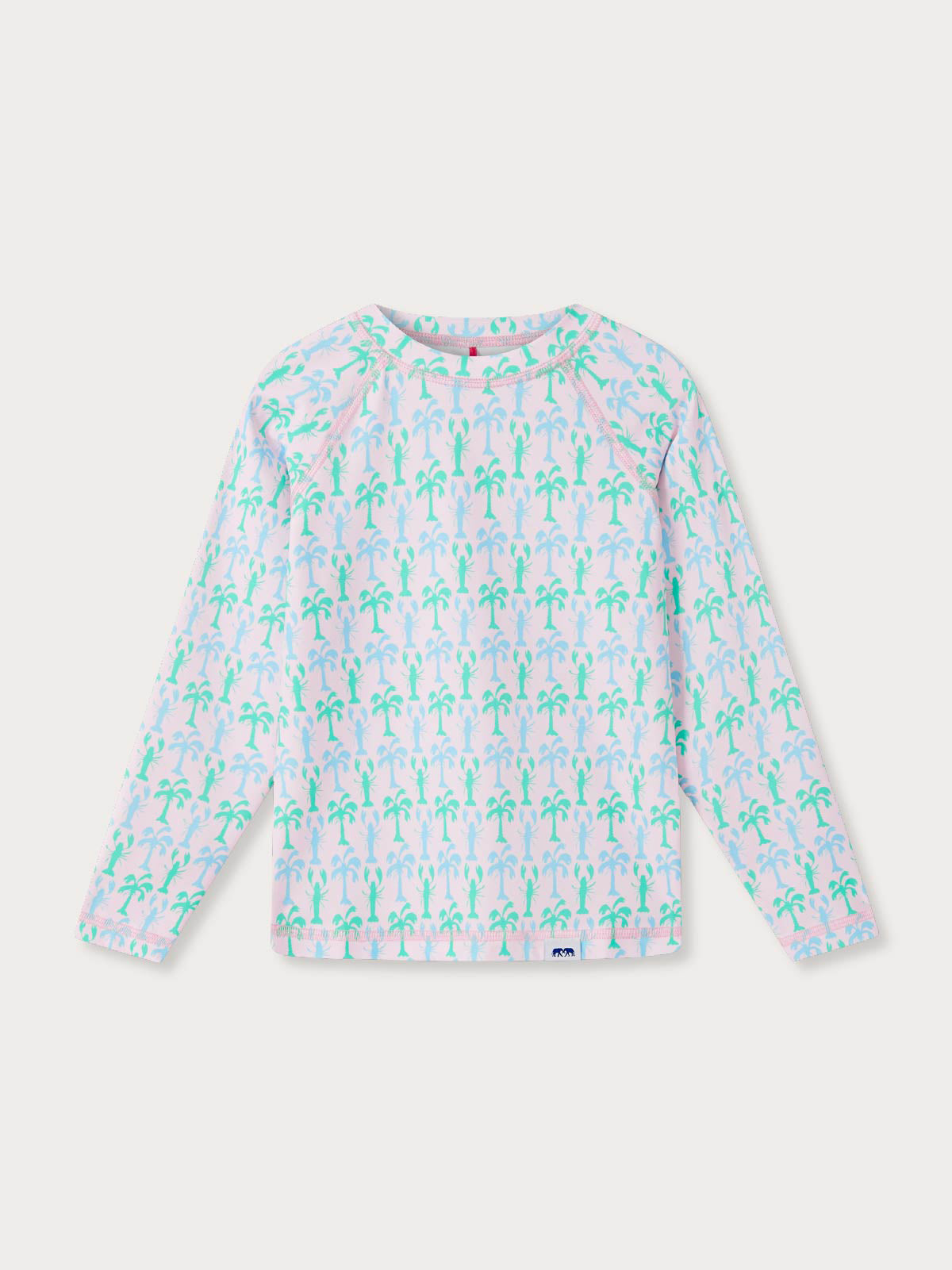 Long-sleeve rash vest for kids with palm tree and lobster pattern.