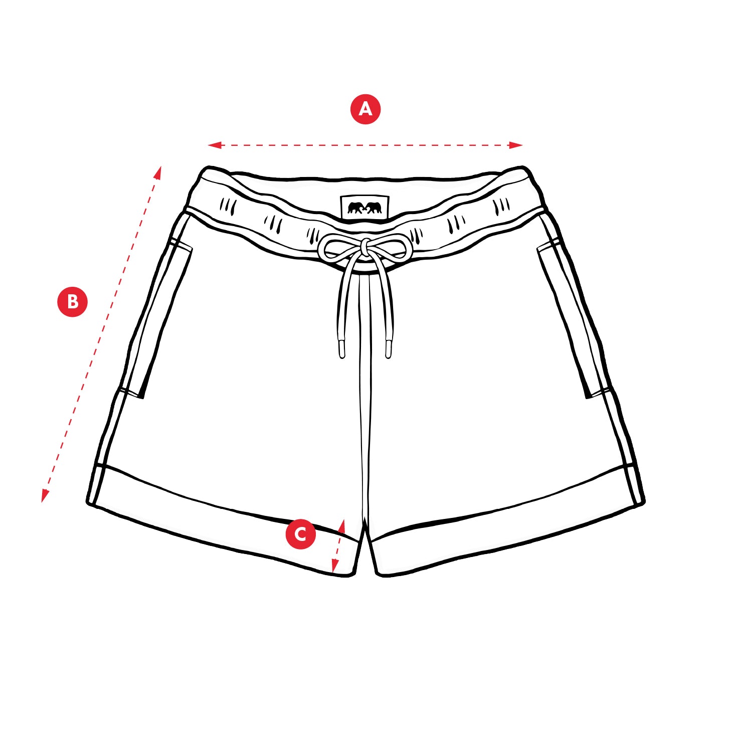 Measurement chart for kids swim shorts with labeled points A, B, and C