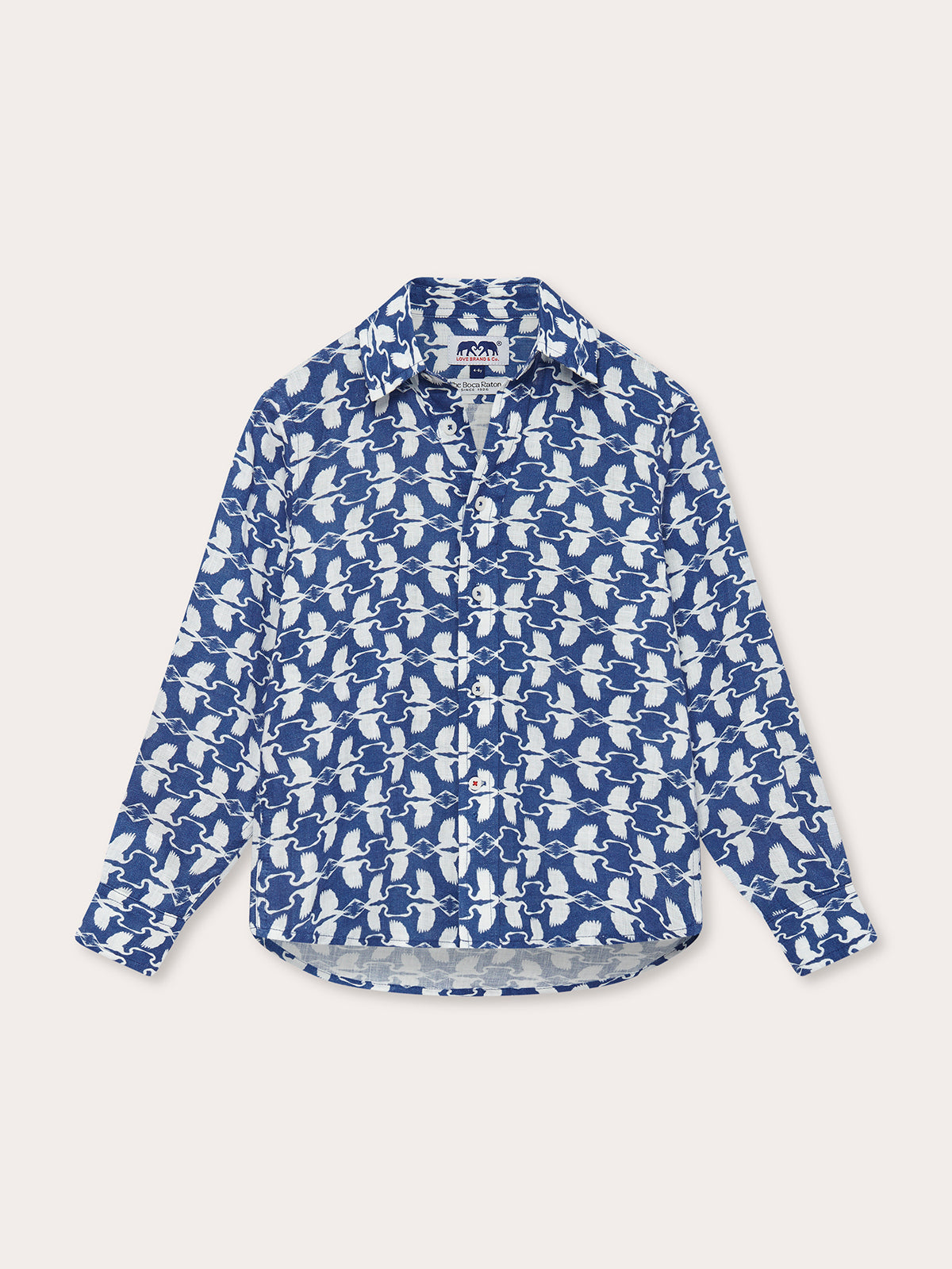 Boys White Heron Abaco Linen Shirt with Great White Heron print in cool white and deep blue, designed by LOVE BRAND & Co. for The Boca Raton.