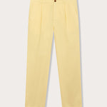 Front view of limoncello mens cotton chinos. Yellow cotton trousers with 2 front pockets and a corozo nut button fastening.