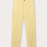 Front view of limoncello mens cotton chinos. Yellow cotton trousers with 2 front pockets and a corozo nut button fastening.