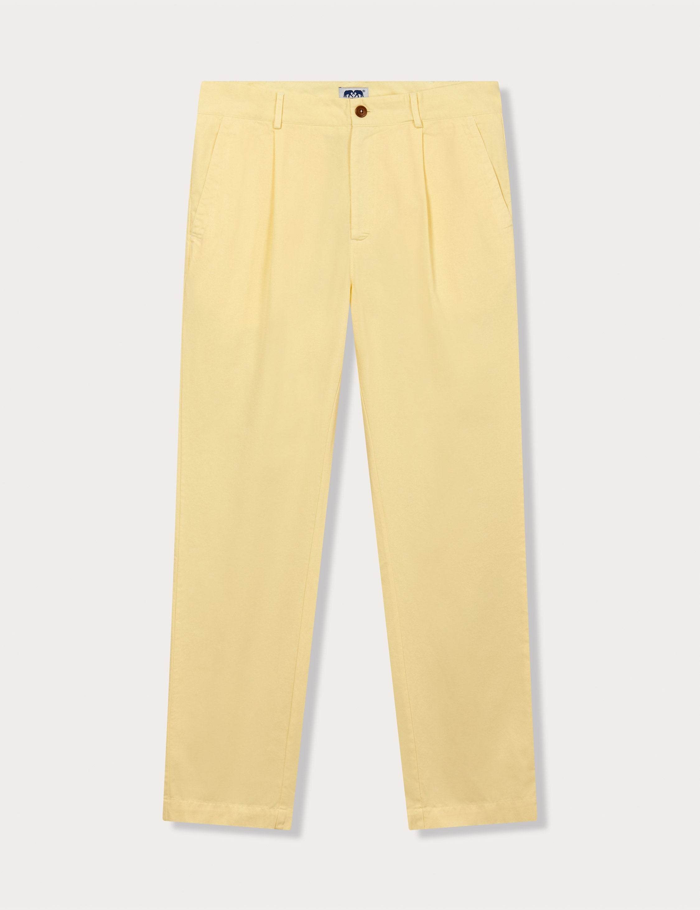 Front view of limoncello mens cotton chinos. Yellow cotton trousers with 2 front pockets and a corozo nut button fastening.