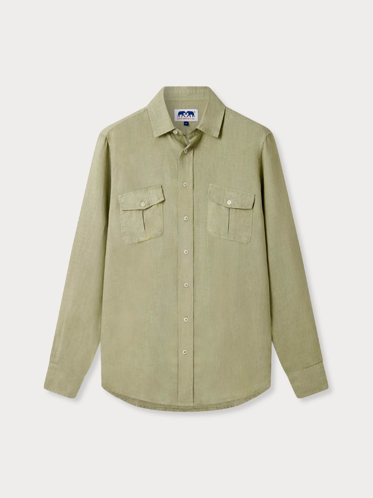 Front view of mens green linen shirt. Long sleeved shirt with 2 breast pockets, classic collar and button-up design.