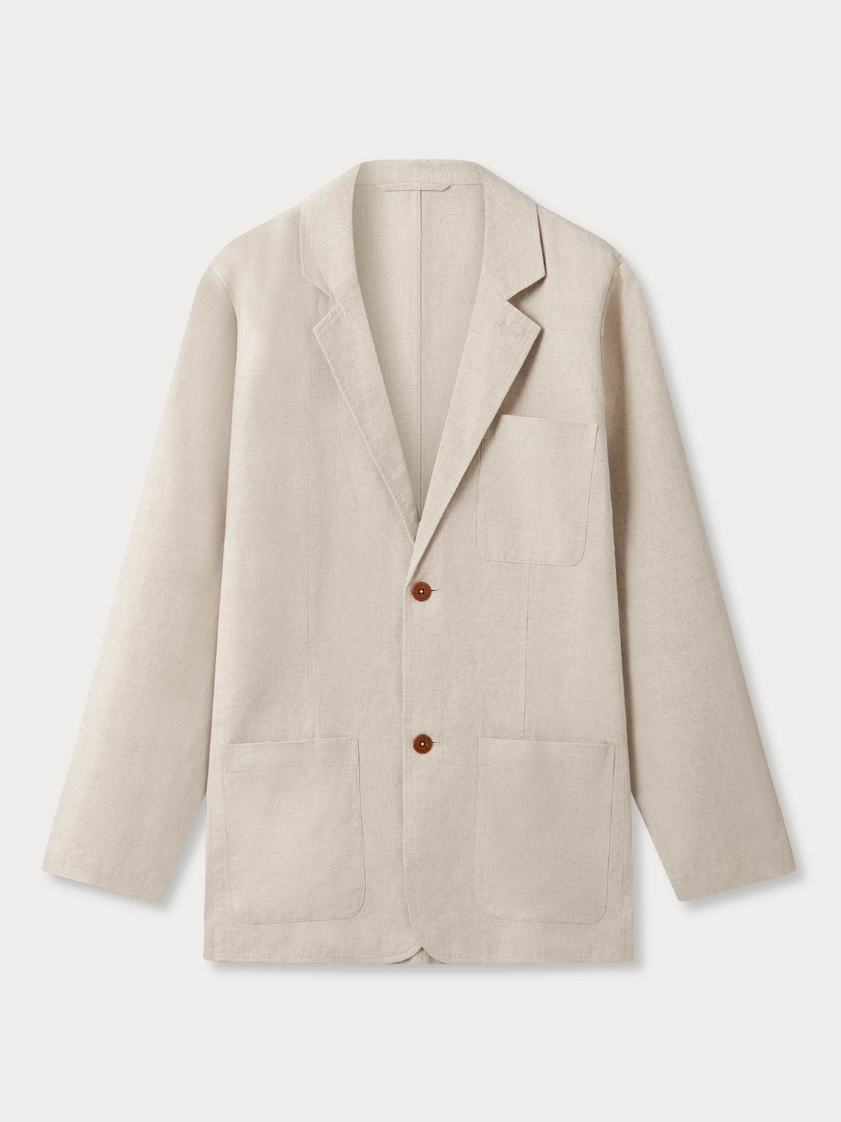 front view of mens ecru unstructured linen jacket. The jacket features 1 left breast pocket and 2 additional pockets above the waist.