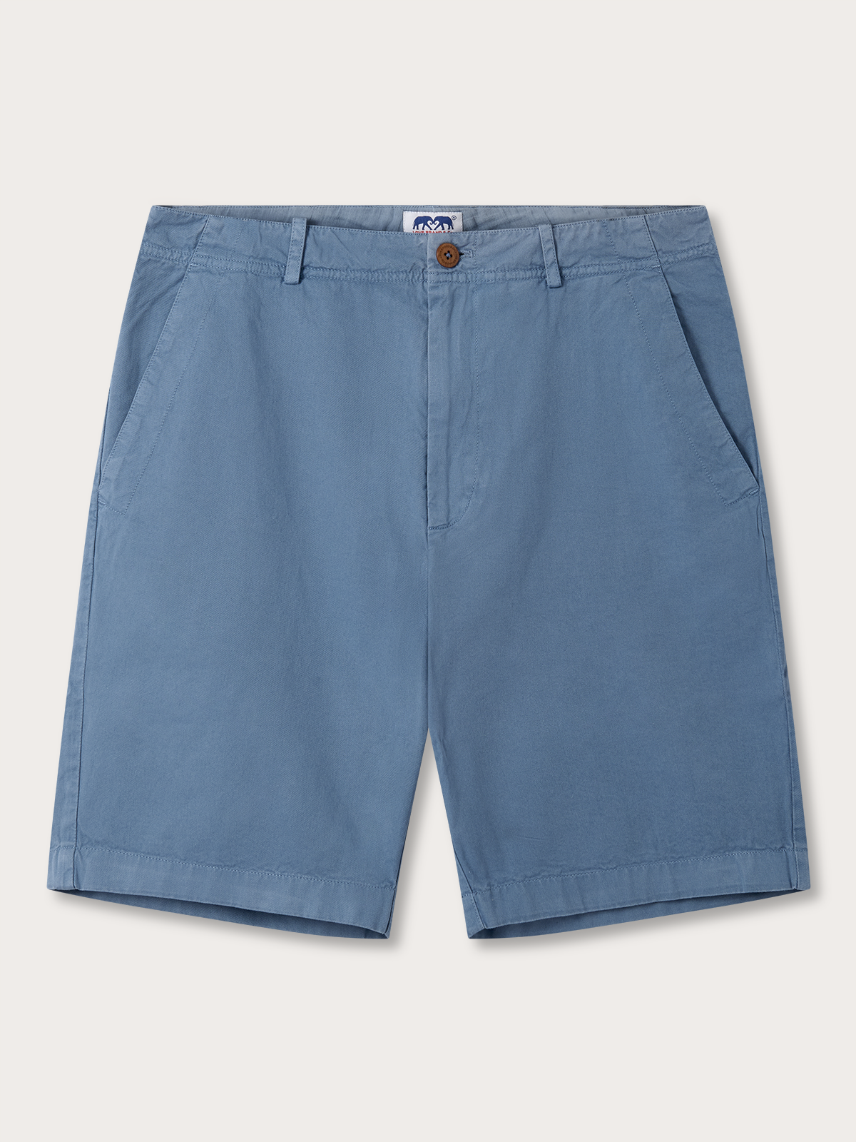 Men's blue cotton shorts with button-up waist, side pockets and belt loops.