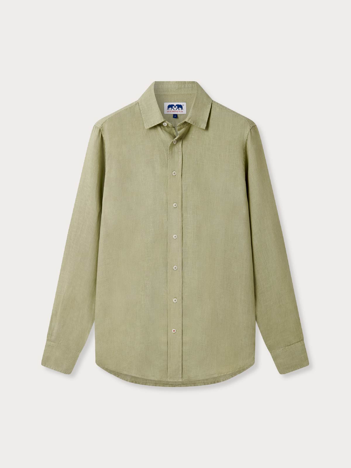 Front view of Men's Kerala Green Abaco Linen Shirt. Olive green linen shirt with a classic collar, long sleeves and a button-up design.