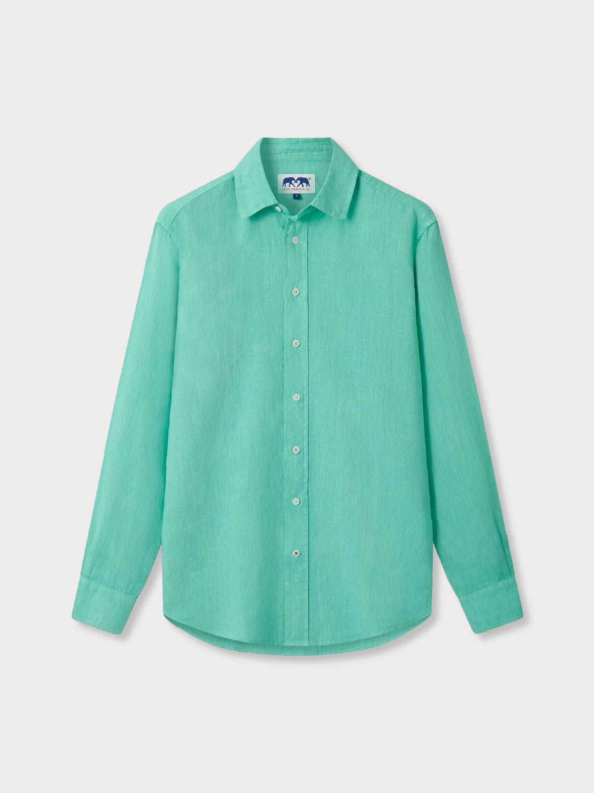 Sea green shirt for men made from 100% linen. Button-up design with long sleeves and a classic collar.