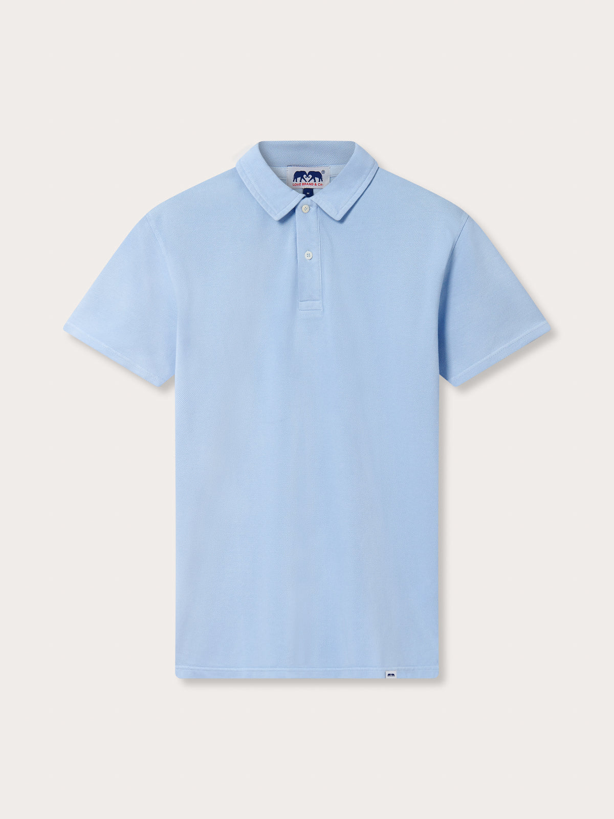 A men's sky blue polo shirt with a collar, short sleeves, and a button-up front.