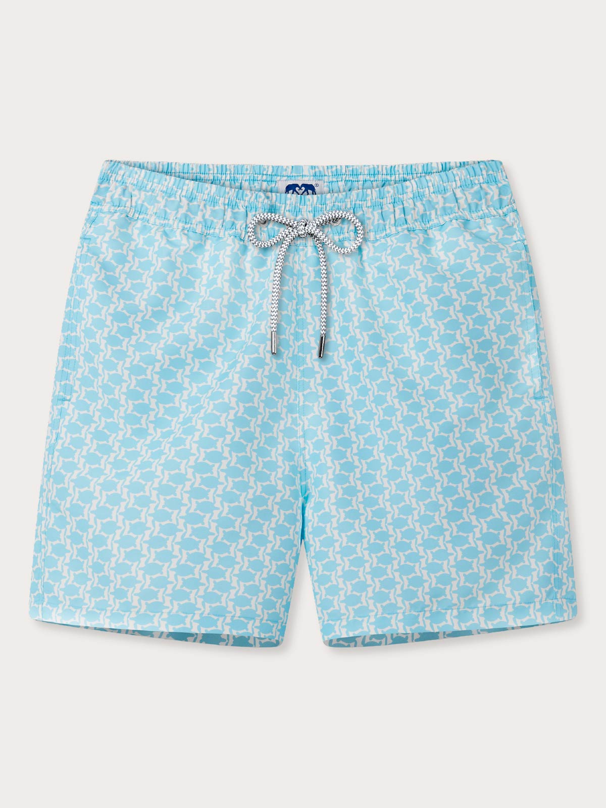 mens swim shorts front view showing drawstring waist pockets and blue turtle print design.