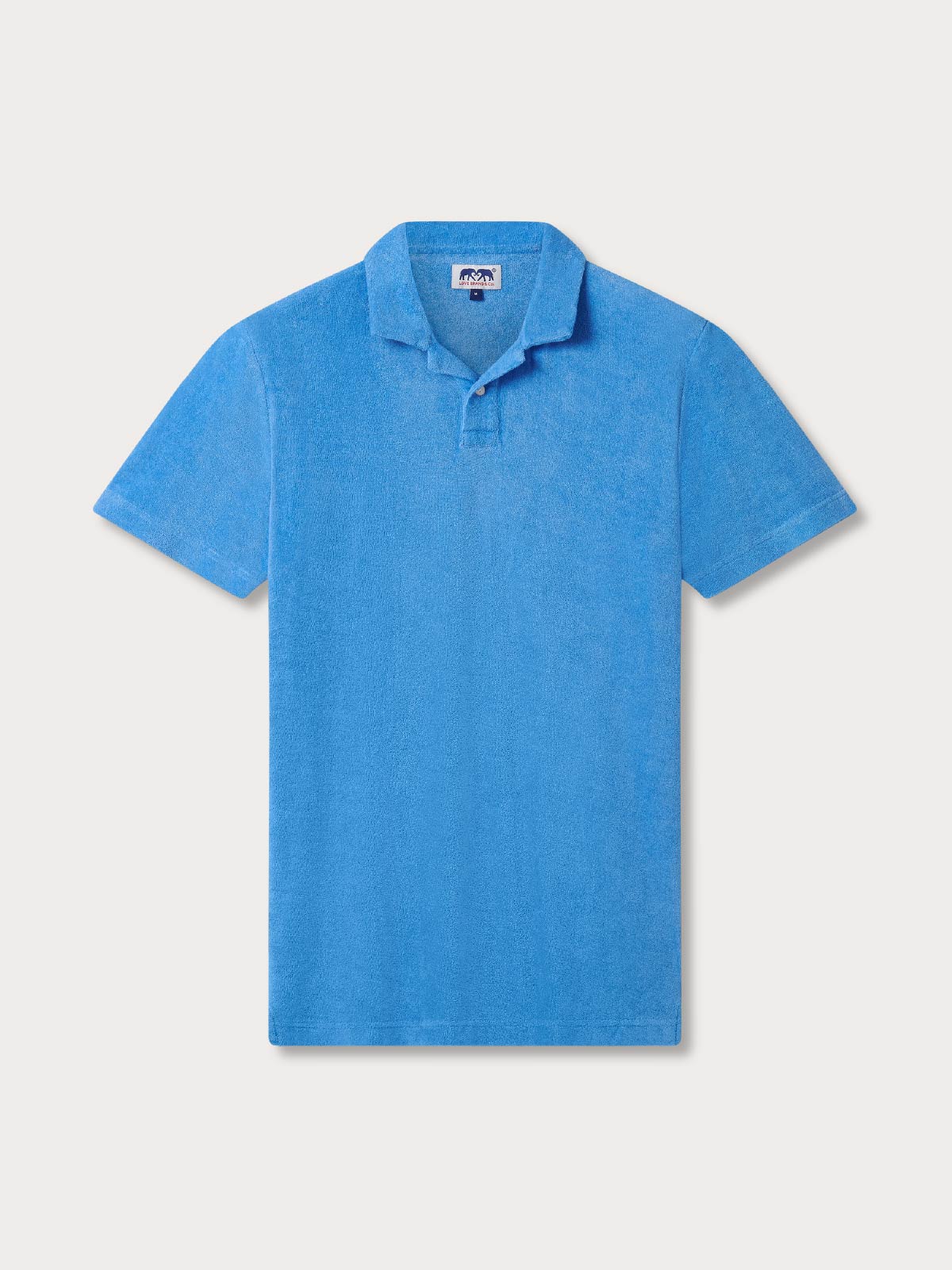 Blue terry polo shirt with short sleeves.