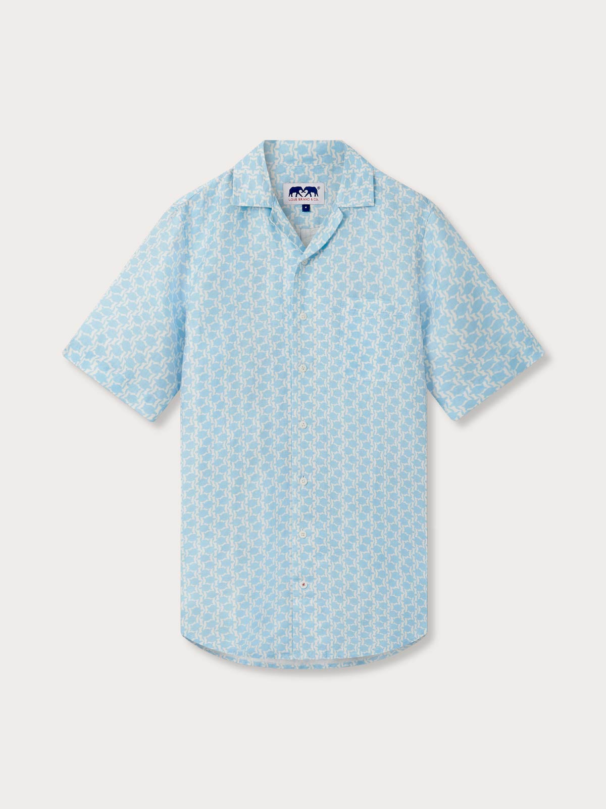 Front view of blue short sleeved mens linen shirt. This shirt has a camp collar and a button-up design.