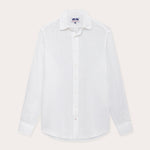 Front view of mens white linen shirt by love brand & co. Linen button up shirt with long sleeves.