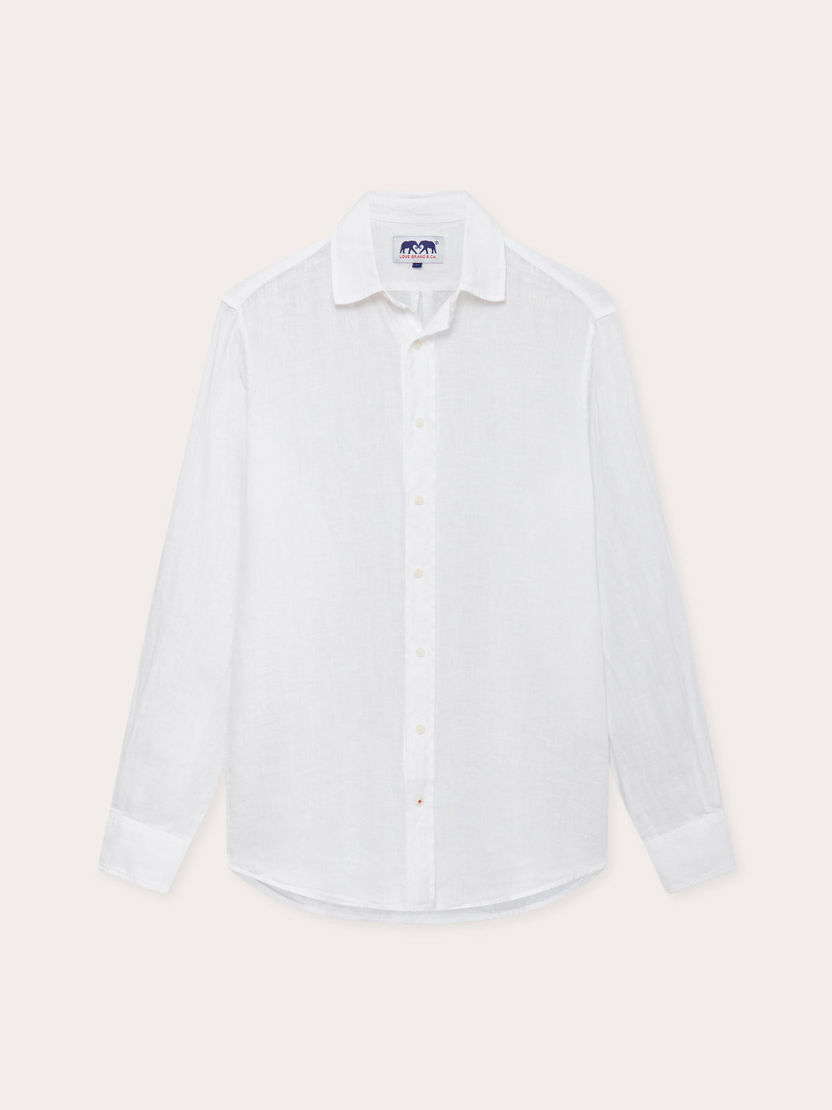 Front view of mens white linen shirt by love brand & co. Linen button up shirt with long sleeves.