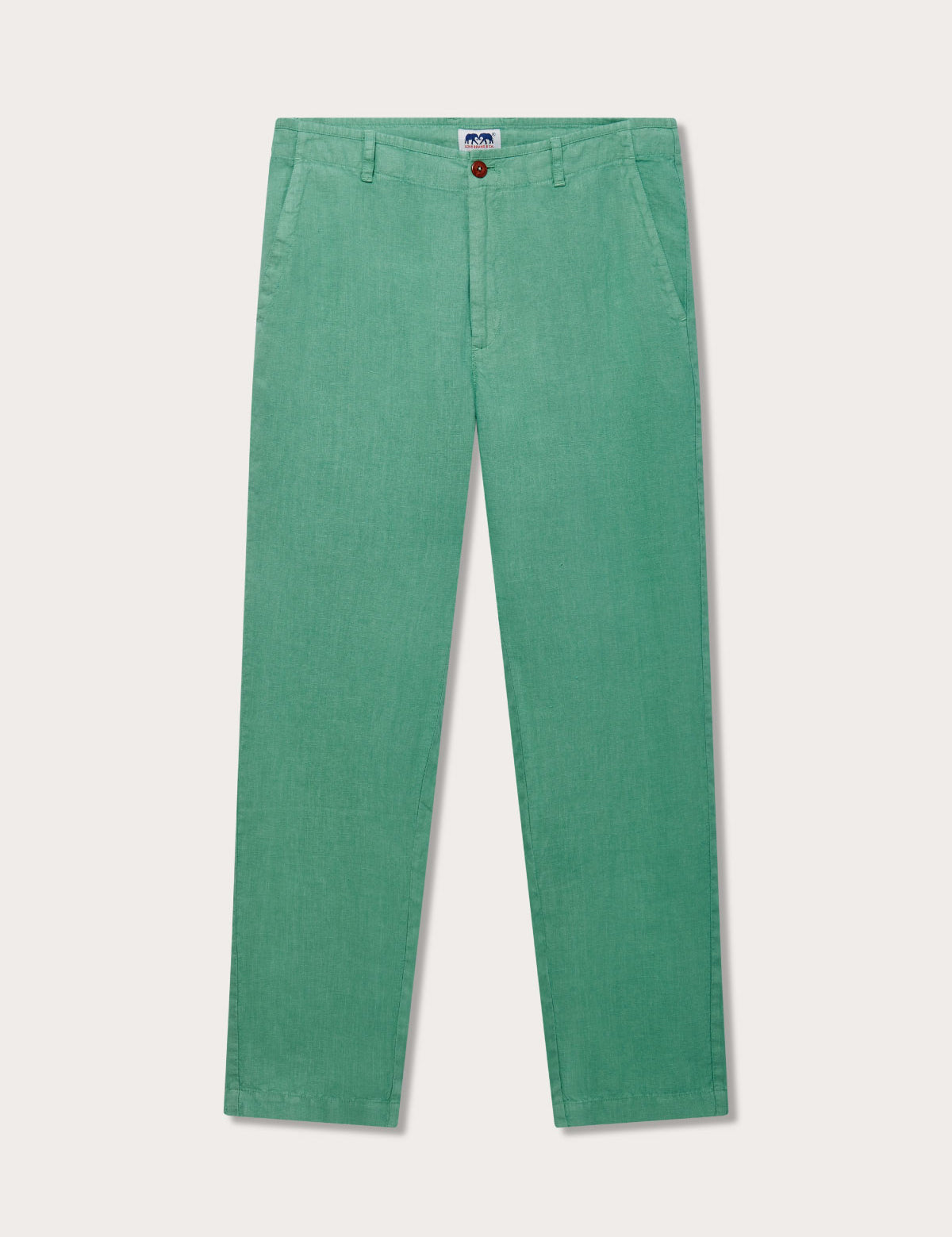 Men's Riviera Green Randall Linen Trousers displayed on light gray background. Front view of mens green linen trousers with 2 front pockets.