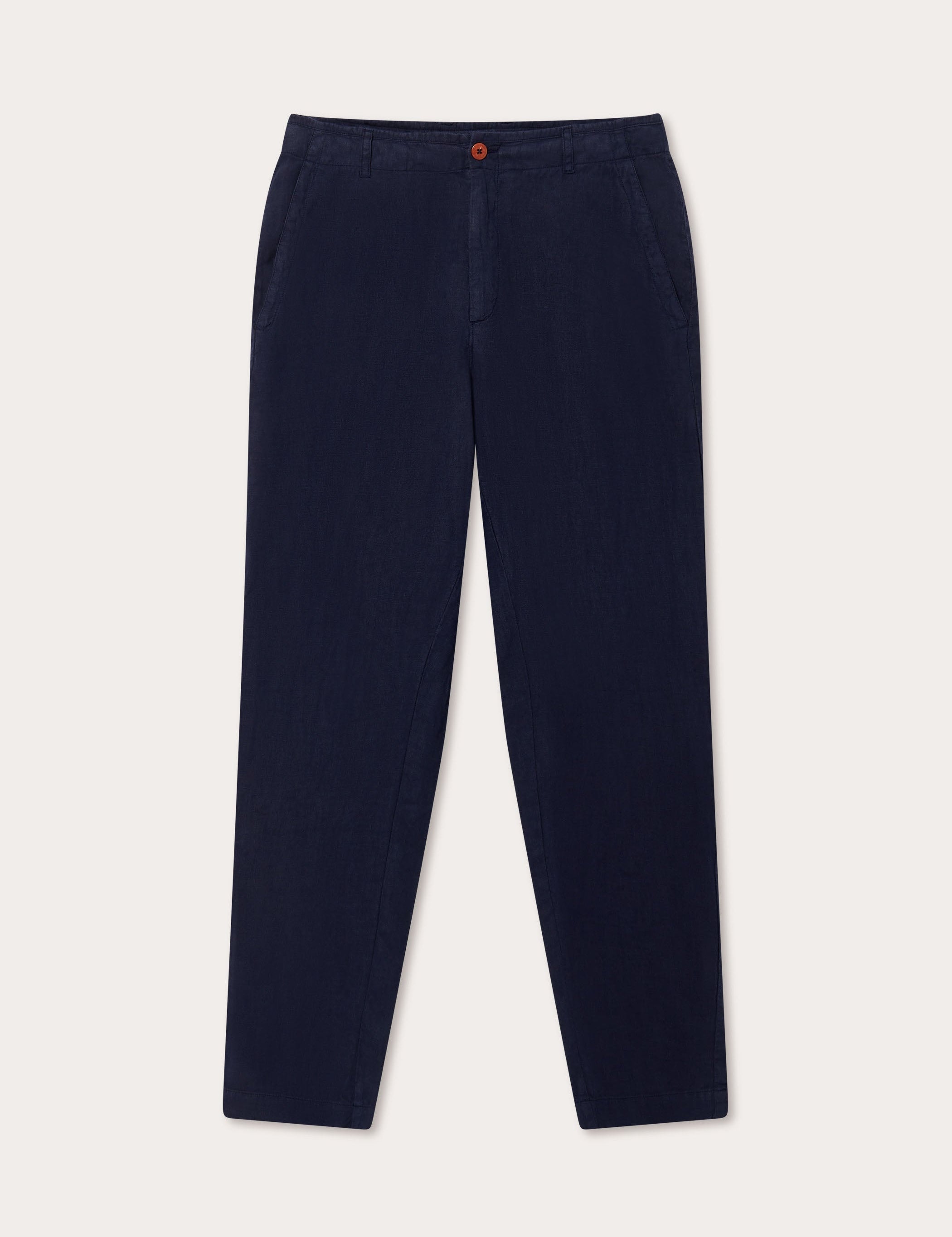 mens navy linen pants front view. Old money men's style linen trousers featuring 2 front pockets.