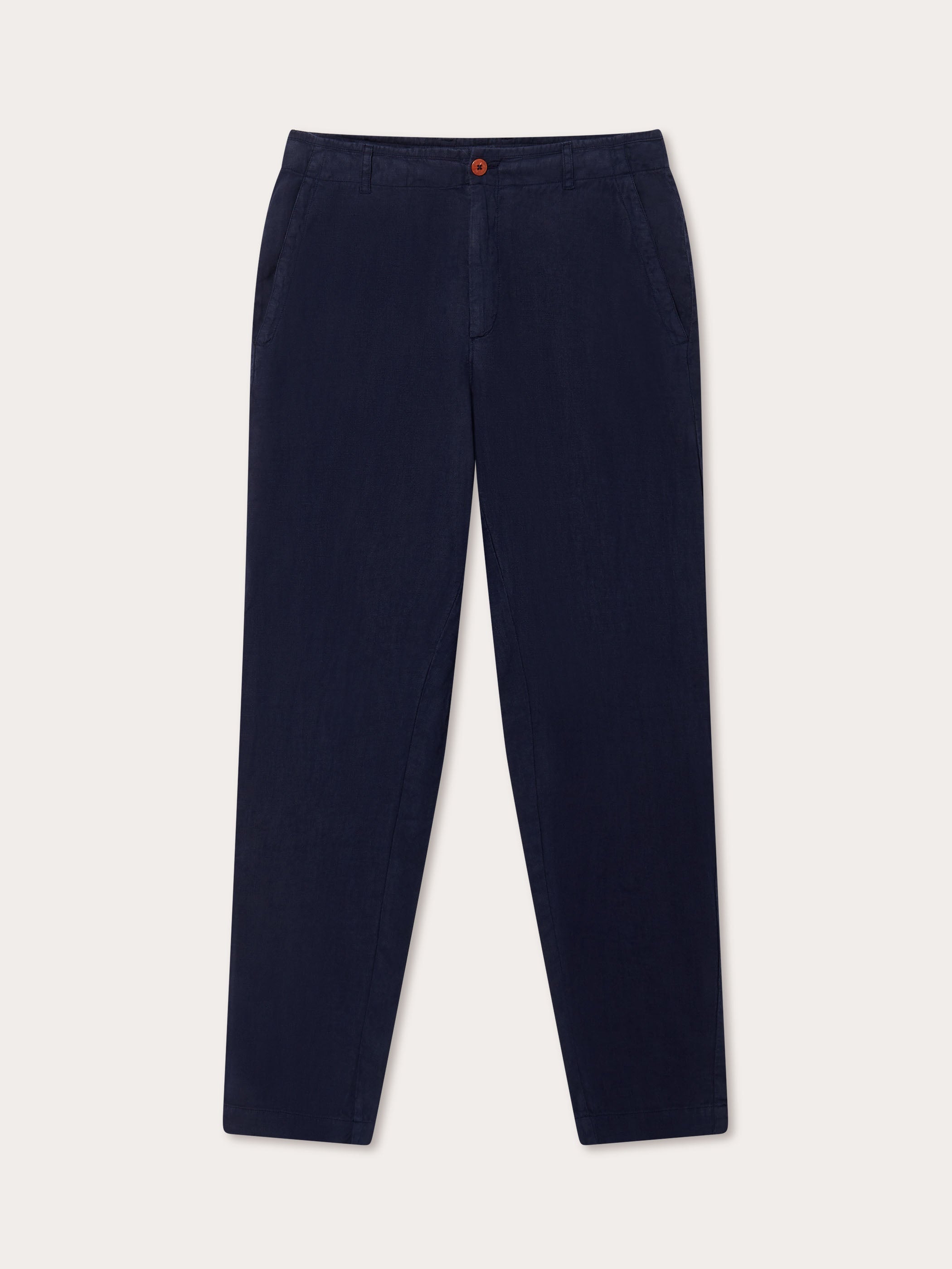 mens navy linen pants front view. Old money men's style linen trousers featuring 2 front pockets.