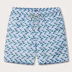 Men's swim shorts with a patterned design of emerald and white manta rays on quick-dry fabric.