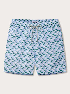 Men's swim shorts with a patterned design of emerald and white manta rays on quick-dry fabric.