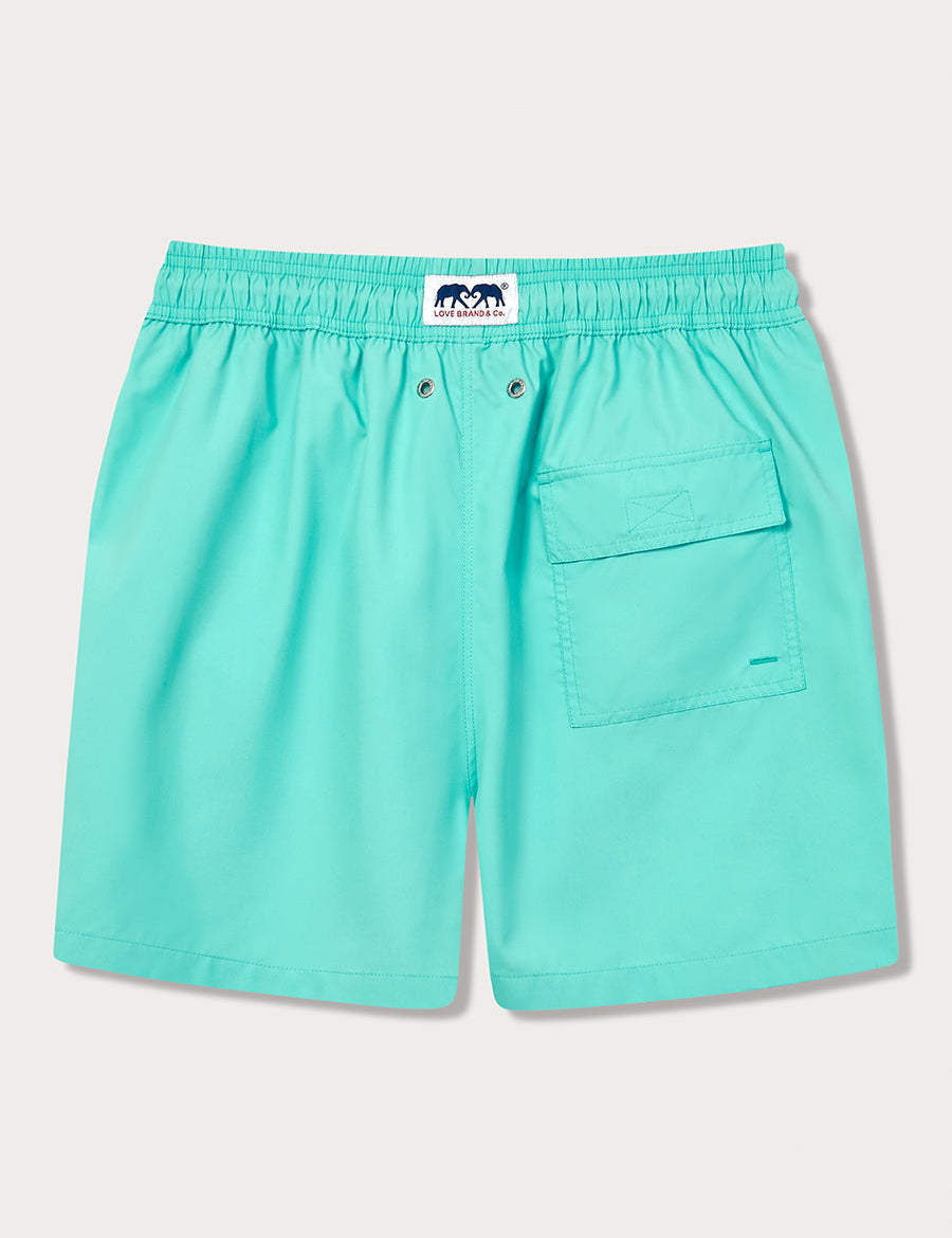 Men's Cay Green Staniel Swim Shorts back view. Plain green swim shorts with a back pocket.