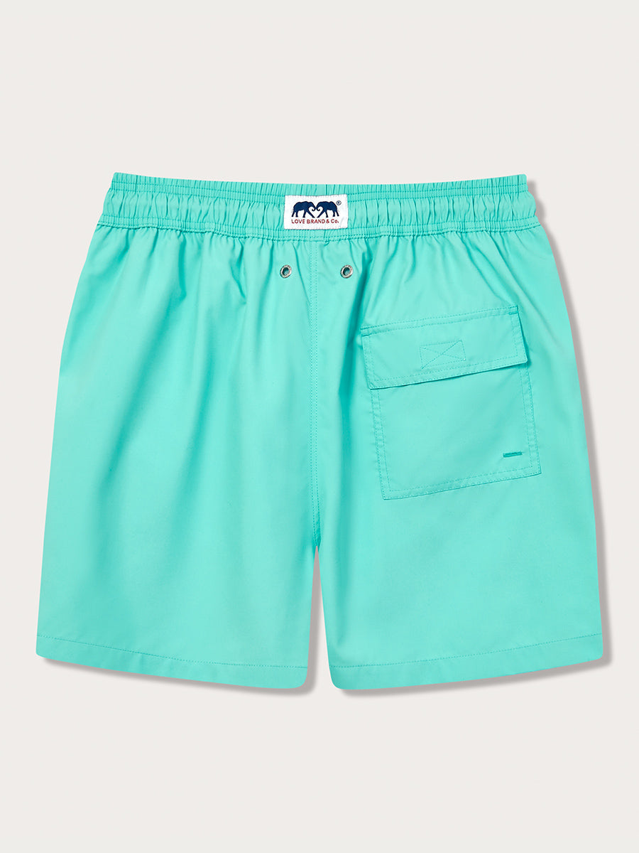 Men's Cay Green Staniel Swim Shorts back view. Plain green swim shorts with a back pocket.