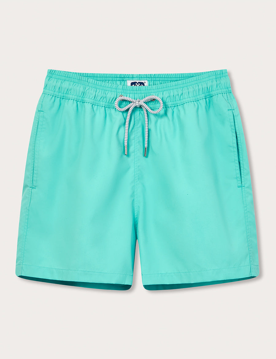 Men's Cay Green Staniel Swim Shorts. Plain green swim shorts front view with a drawstring tie and elasticated waist.