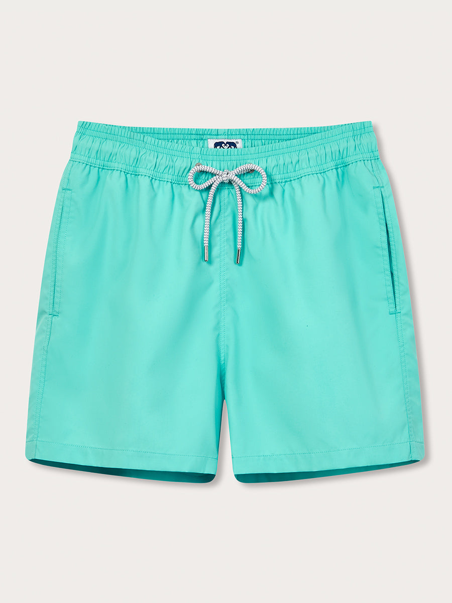 Men's Cay Green Staniel Swim Shorts. Plain green swim shorts front view with a drawstring tie and elasticated waist.