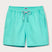 Men's Cay Green Staniel Swim Shorts. Plain green swim shorts front view with a drawstring tie and elasticated waist.