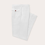 side view of love brand mens white linen trousers.