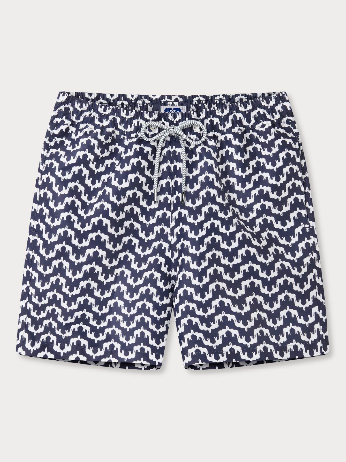Front view of navy elephant palace swim shorts with a drawstring and pockets.