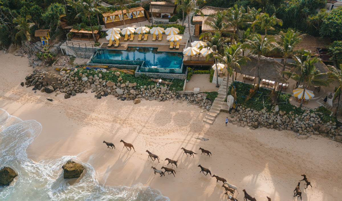 Aerial view of the luxurious beachfront resort of Nihi Sumba with a pool and ocean view.