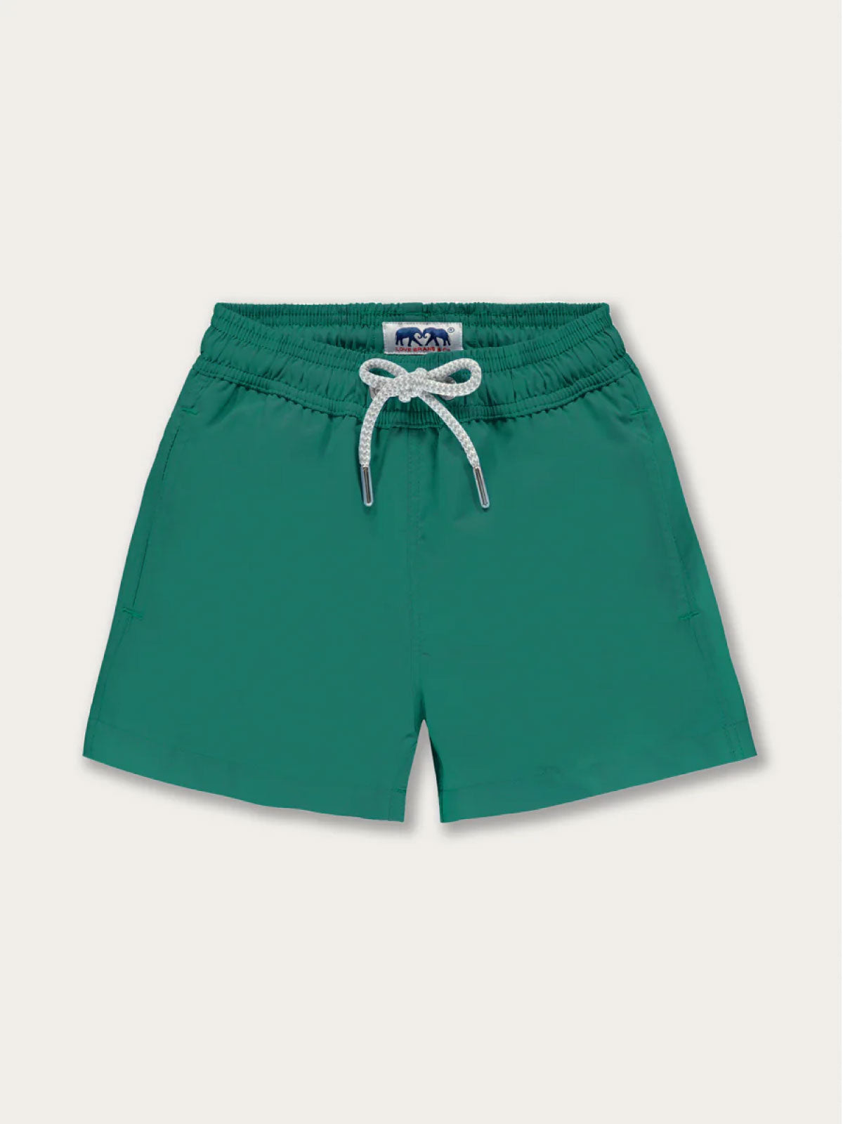 Boys Palm Green Staniel Swim Shorts in deep green color with white drawstring, featuring nickel-free hardware and soft mesh lining.