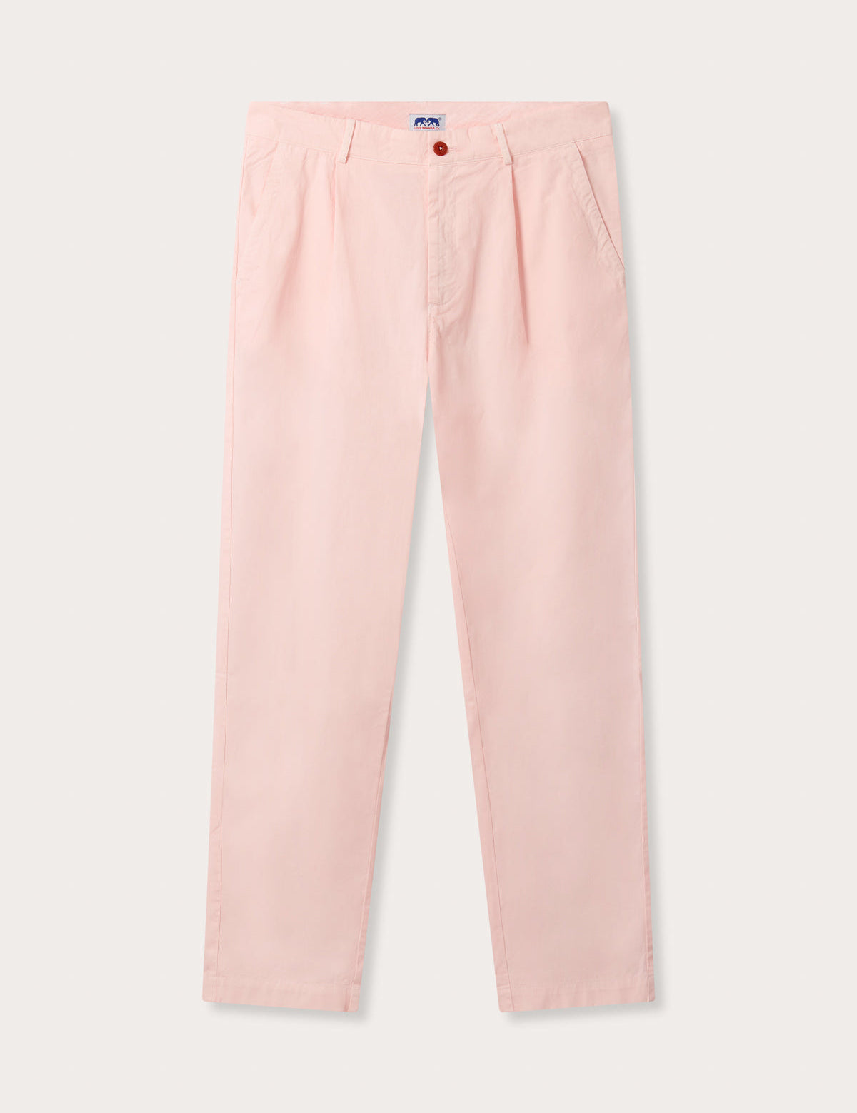 Men's Pastel Pink Lyford Chino trousers front view. Pink mens cotton chinos showing 2 front pockets and relaxed fit.