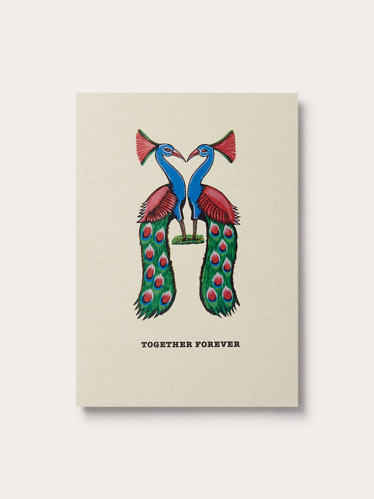 The Great Elephant Migration peacock Greeting Card featuring 'together forever' text.