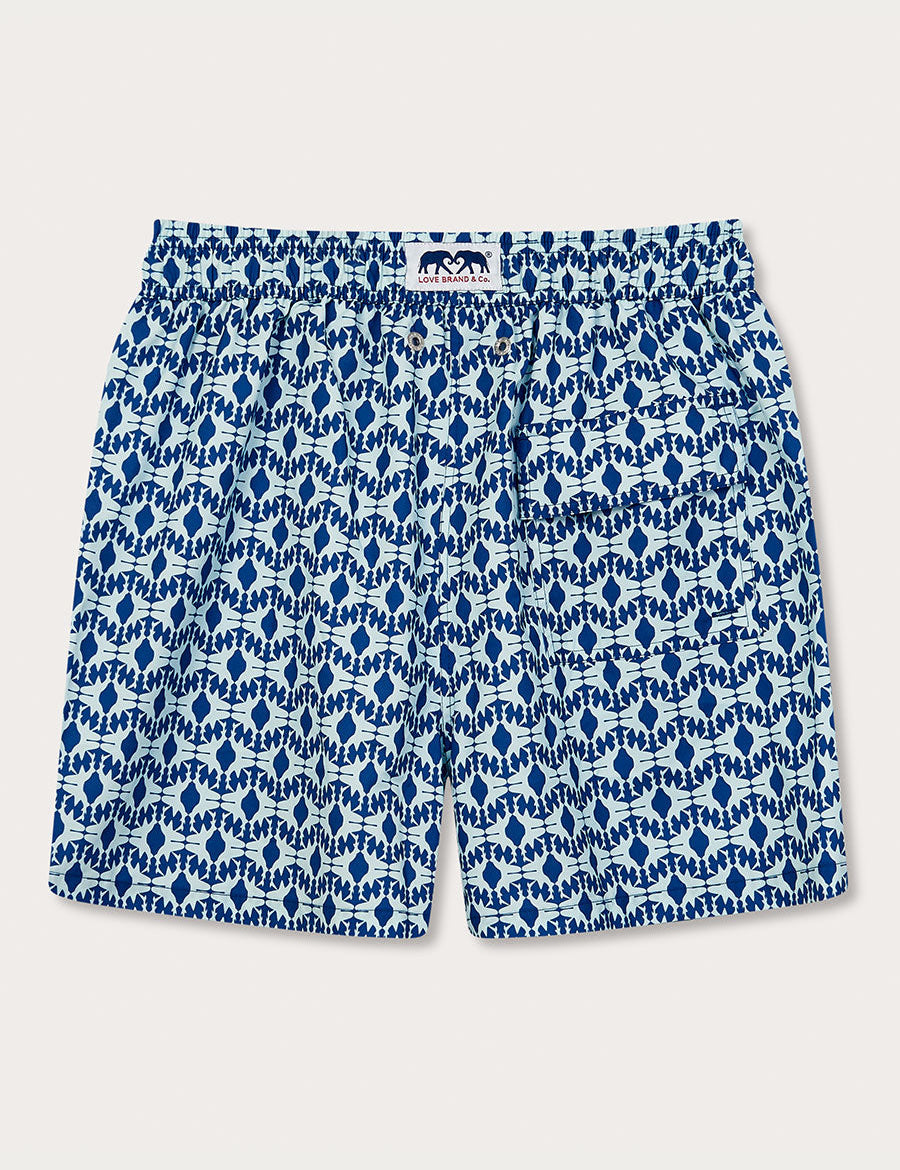 Men's Shark Sanctuary Staniel Swim Shorts in Bahamas blue with a repeated shark silhouette pattern creating an illusion of shark jaws from fins.