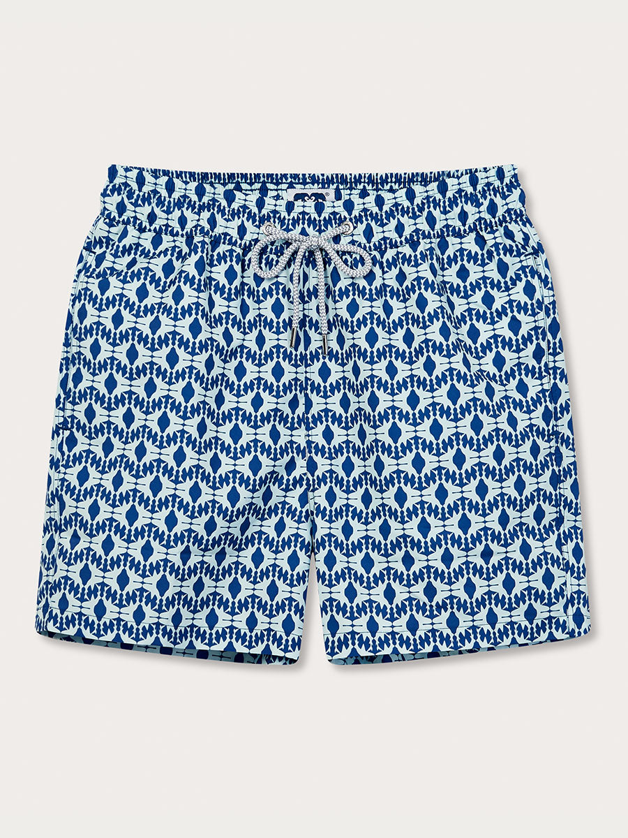 Men's Shark Sanctuary Staniel Swim Shorts in Bahamas blue with silhouette patterns of swimming shark fins, inspired by WildAid and the Bahamas Shark Sanctuary.