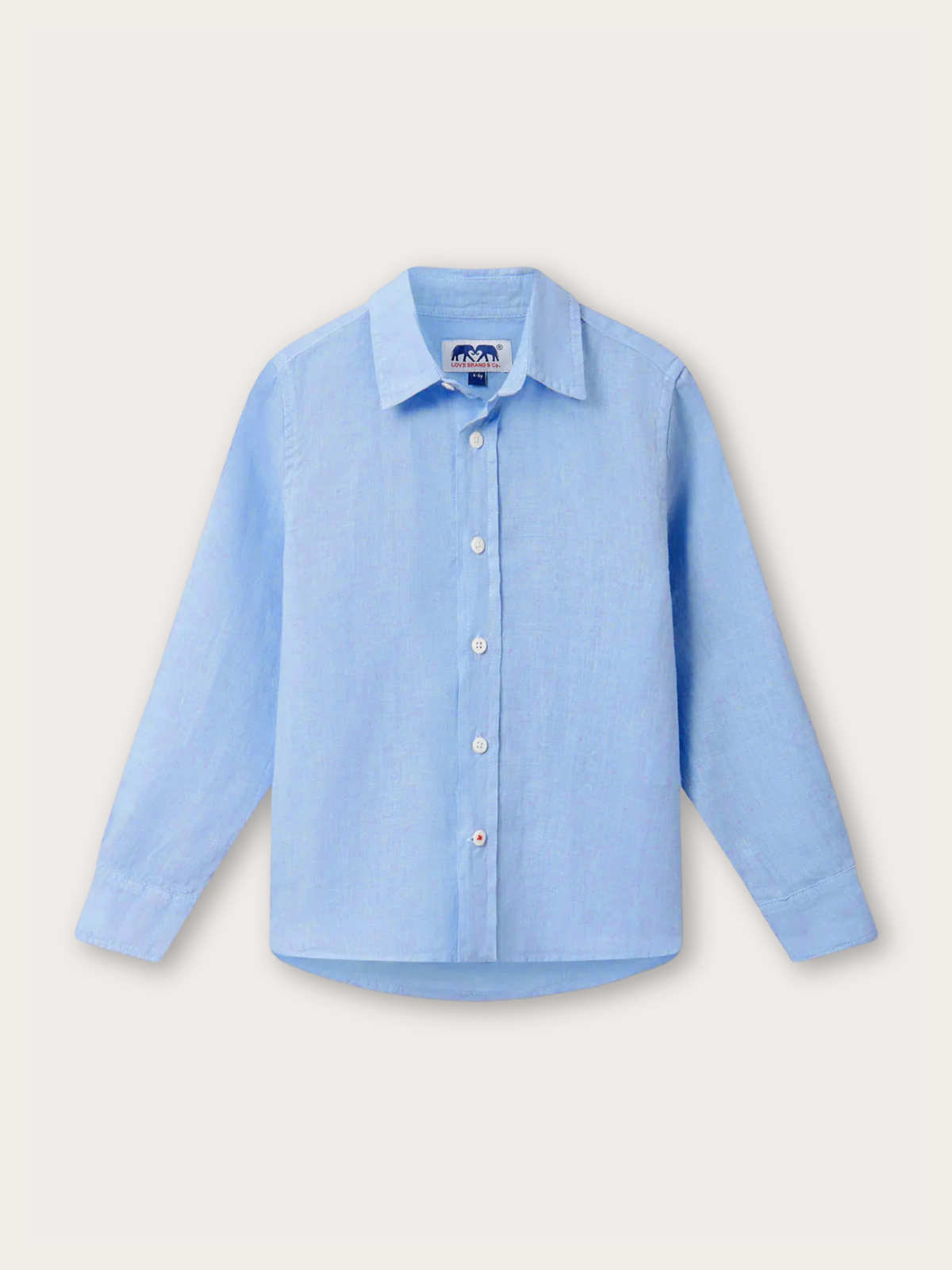 A light blue long-sleeve button-up shirt with a pointed collar and white buttons, displayed flat against a light beige background.