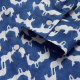 Womens Elephant Palace Blue Sapodilla Linen Shirt Dress. View of the long sleeve block printed cuffs and corozo nut buttons.