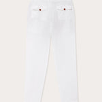 back view of white mens linen trousers with 2 back pockets.