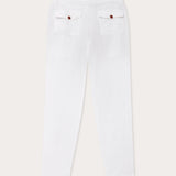 back view of white mens linen trousers with 2 back pockets.